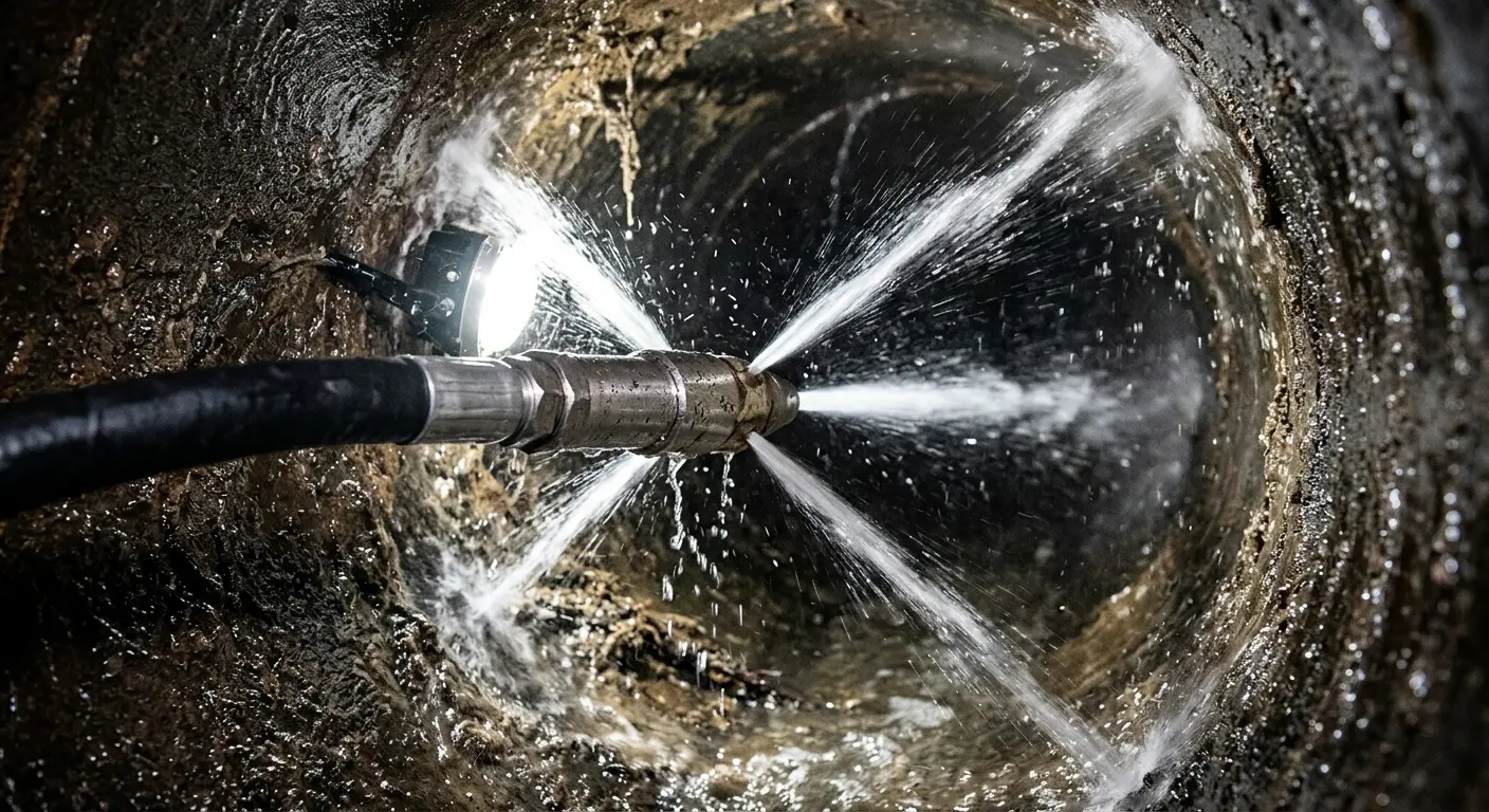 High-pressure hydro jetting nozzle cleaning sewer pipe for Sewer Line Relining in Ardmore