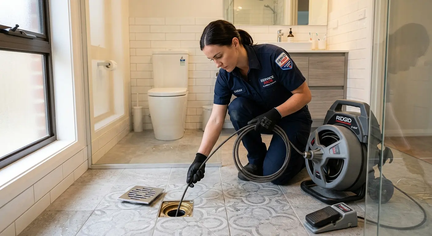 Technician clearing a bathroom floor drain for Drain Cleaning in Ardmore
